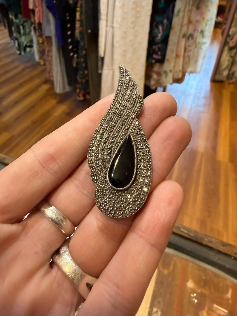 Sterling silver Marcasite Teardrop Wing Pendant with Black Onyx